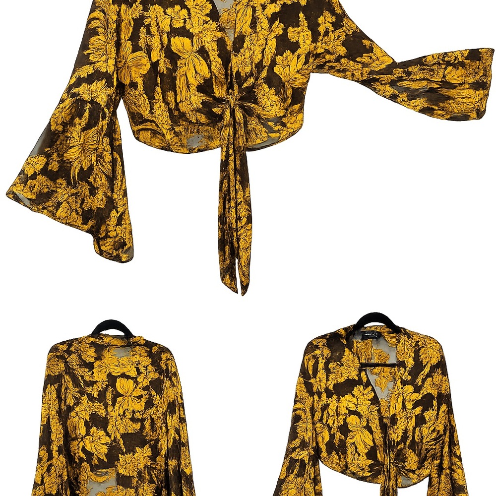 AKIRA Yellow Floral Tie-Front Blouse